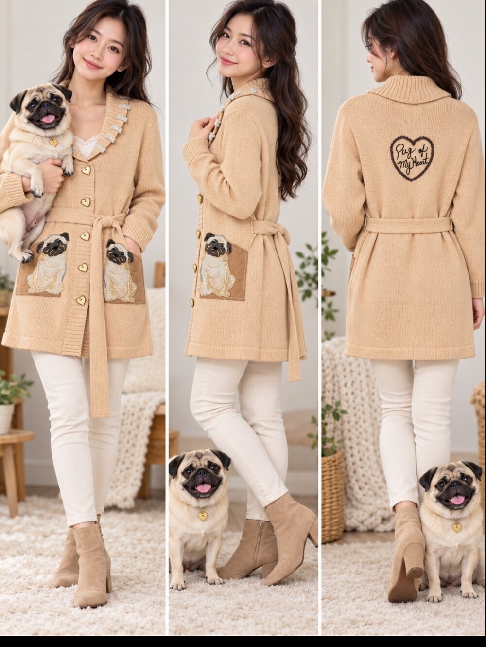 Storybook Knits Pug Dog Cardigan Sweater S Heart Buttons Belted Grandmacore